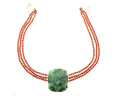 Jadeite and coral 3-row pendant choker necklace , the central cushion shaped flat polished jade measuring 5cm x 4.5cm, the 3-