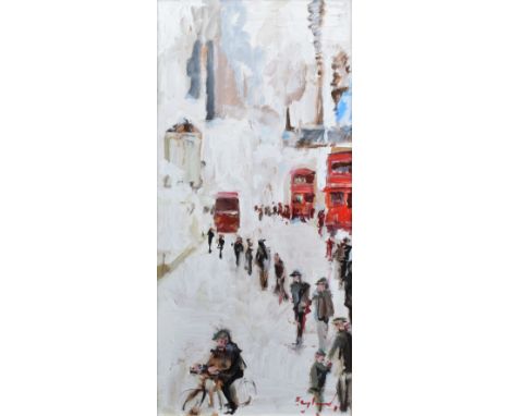Frederick J. England (1939-), "Finish of the Shift, Johnson's Ceramic, Stoke-on-Trent", signed, titled on verso, oil on board