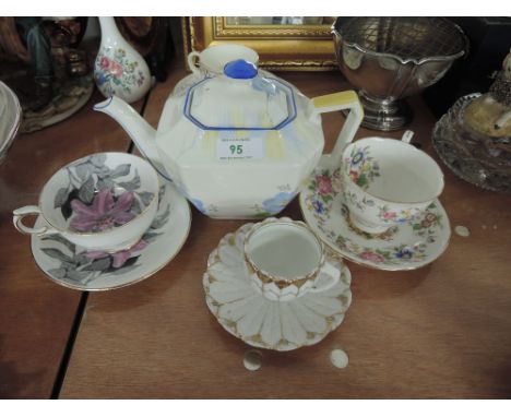 A Grafton vintage ceramic tea pot in an Art Deco style with selection of tea cups and saucers