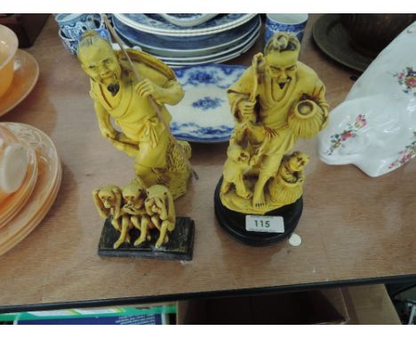 A selection of vintage ceramic bisque figurines two oriental workers and 3 wise monkeys