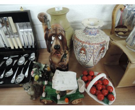 A selection of vintage ceramics including early foreign vase, Last shot decanter etc