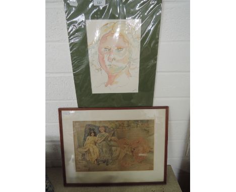 A watercolour portrait signed C. Hanley and print etc
