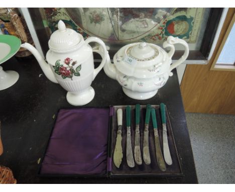 A selection of vintage ceramics including early tea pot with hand painted enamel decoration