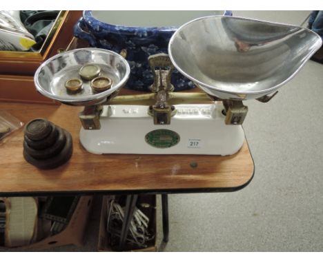 A vintage S.Smith and son cast scale set with enamel body steel bowls and weight set serial no. 107