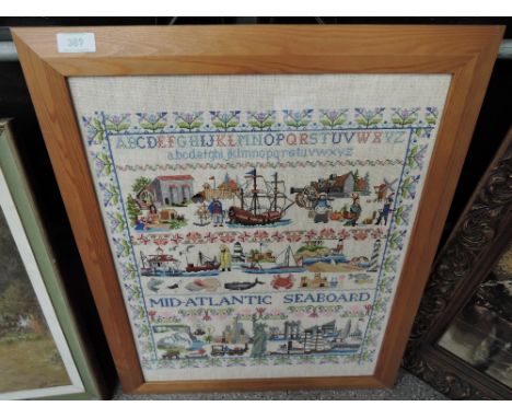 An original needle work stitch tapestry sampler depicting Mid Atlantic Sea Board Shipping etc