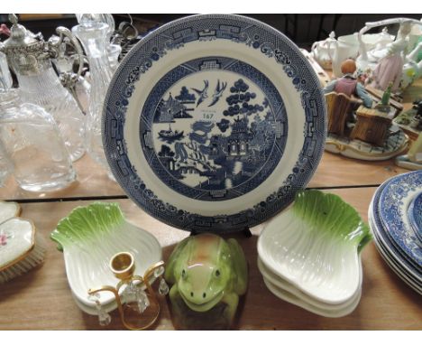 Two Johnson Bros willow platters, lettuce leaf dishes and ceramic frog etc