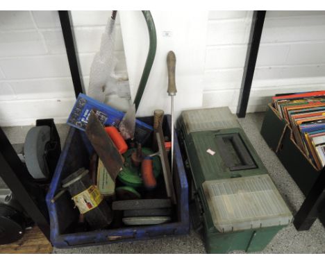 A selection of diy garage and work tools including large cast iron fitment, planes, trowl etc 