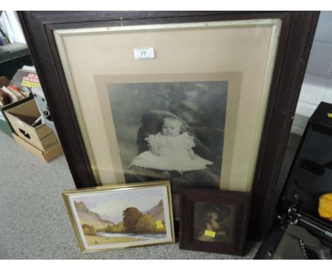 A small water colour depicting lake land scene, also Victorian portrait 