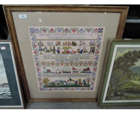 An original needle work stitch tapestry sampler depicting New England Americas