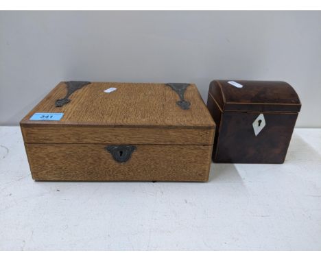 A light oak art nouveau rectangular box together with a Georgian mahogany tea caddy with a mother of pearl lock surround, a f