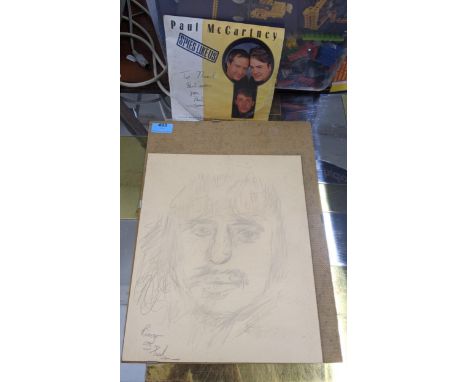 A pencil sketch portrait of Ringo Star 'Ringo by Paul' in the bottom left hand corner and a Paul McCartney single that has me