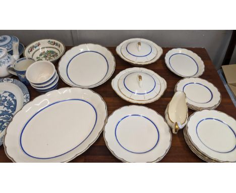 A collection of tea and dinner ware to include a blue and white Grindley cream petal part dinner service, a Colclough tea set