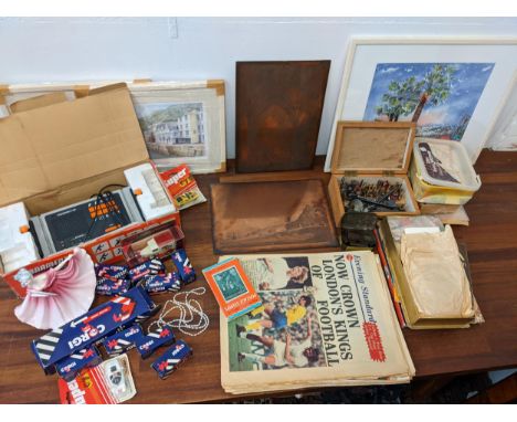 Mixed collectables to include a Prinztronic TV game console, prints, model vehicles, two copper printing plates, router tools