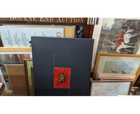 A mixed lot of pictures to include maps, film posters, large engravings depicting hunting scenes, a mixed media abstract on c
