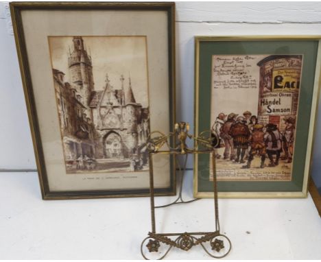 A mixed lot to include two framed prints one of 'La tour de l'horloge' Auxerre  the other of a German carton composition deco