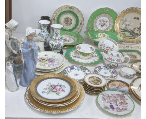 A mixed lot of ceramics to include three Lladro Nao figurines, together with early 20th century Spode plates, and other items
