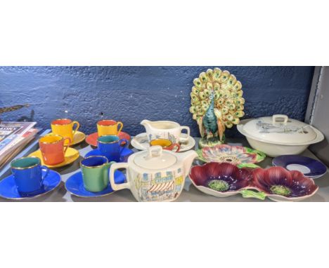 Mixed ceramics to include a set of 7 Apilco coffee cans and saucers, a circa 1900 Majolica Peacock pocket spill vase A/F and 