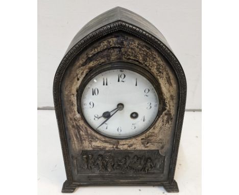 A late 19th century French silver mantel clock with Arabic numerals, key and service receiptLocation:If there is no condition