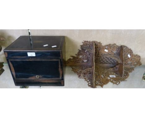 A wooden fretwork corner shelf, together with French inlaid and ebonised mahogany liqueur coffre (2)