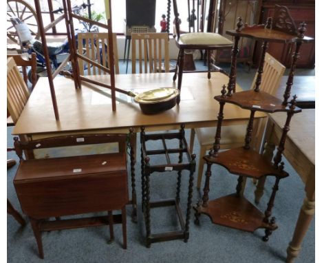 A Victorian walnut and marquetry 4-tier corner whatnot, Edwardian walnut Sutherland table, oak barley-twist stick stand and f