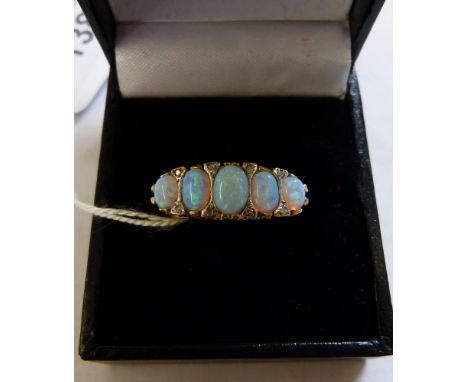 Sterling silver 5-stone opal and diamond ring