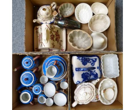 Three boxes of miscellaneous china etc, including jelly moulds, cheese dishes, teapots and an Oriental tea and coffee service