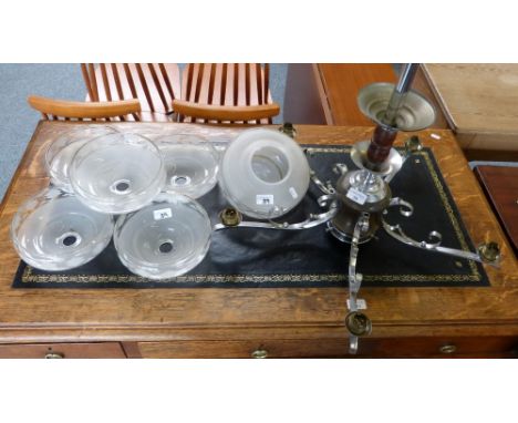 A 5-branch chrome ceiling light with glass shades, together with set of gilt metal candelabra comprising pair of twin holders