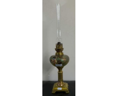A French oil lamp, signed Paul Dupont with enamelled reservoir