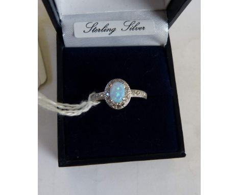 Sterling silver opal and cubic zirconia ring