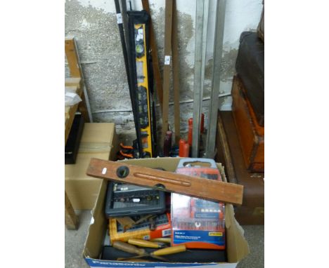 A box of tools, including 2 cases of Rotary tool accessories, together with a selection of clamps, spirit levels etc