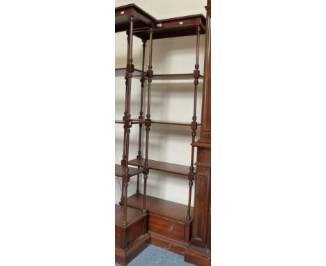 A reproduction mahogany tall 5-tier open shelf unit with drawer base, 71cm wide 179cm high