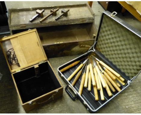 A briefcase with contents of wood turning chisels, toolbox with 3 tenon gauges and an empty wooden box (3)