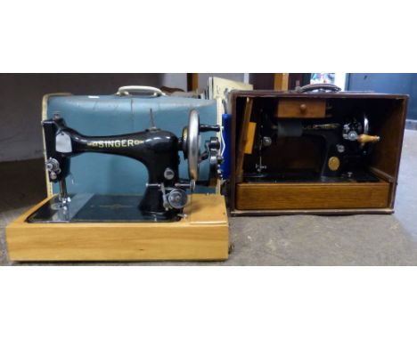 Two Singer manual sewing machines