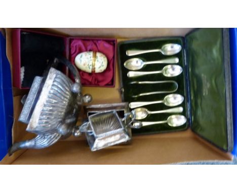 A cased set of silver teaspoons and sugar tong together with 3-piece silver plated tea service and  enamelled cased egg