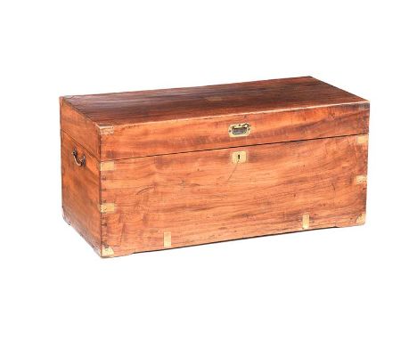 CAMPHAR WOOD CAMPAIGN TRUNK WITH BRASS DROP HANDLES AND MOUNTS.HEIGHT: 17 INCHES.WIDTH: 37 INCHES.DEPTH: 17½ INCHES.IN GOOD C