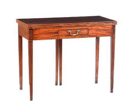 GEORGIAN INLAID MAHOGANY TURN OVER LEAF CARD TABLE FITTED WITH ONE DRAWER WITH BRASS DROP HANDLE.RAISED ON FOUR TAPERED LEGS.