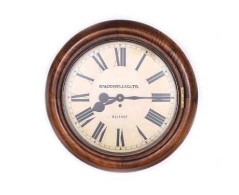 MAHOGANY CASED SCHOOL ROOM CLOCK WITH A CIRCULAR DIAL OF 16 INCHES AND A FUSEE MOVEMENT. R.M. DOWELL AND CO LTD. BELFAST. DIA