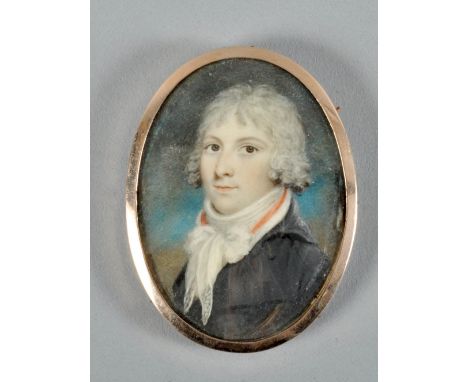 Early 19c English school - an oval portrait miniature of a young gentleman wearing a black coat and white waistcoat, oval fra
