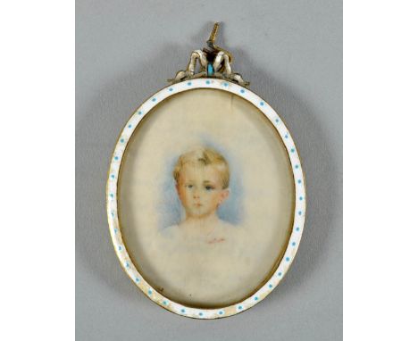 A 19c oval framed portrait miniature on ivory of a young child within a white enamel blue beaded frame surmounted by a bow, i