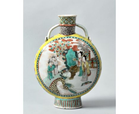 A 19c Chinese moon flask finely enamelled with figures, flowers and banana trees together with gossiping ladies in a garden, 