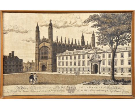 P S Lamborn - a view of Kings College and part of Clare Hall in the University of Cambridge, a printed linen in black and whi