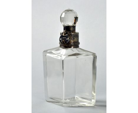 A clear glass diamond shaped decanter with star cut base, with silver collar and lock, Birmingham 1914, 9.5"h. 