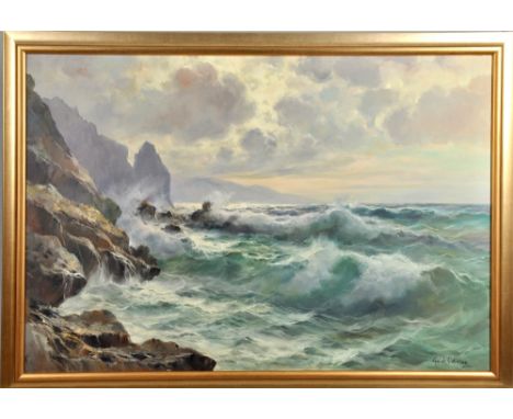 Guido Odiezna - a coastal seascape, signed, framed, oil on canvas, 38.5" x 58". 