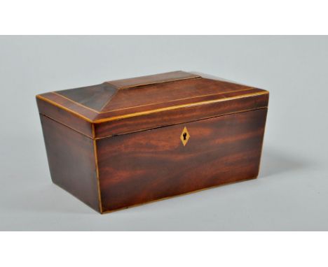 A George III inlaid mahogany sarcophagus two compartment tea caddy , 9.25"w. 