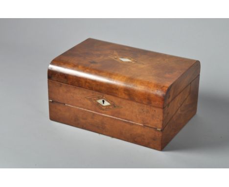 A Victorian figured walnut needlework writing box with mother of pearl Tunbridge diamond motif, double folding and with origi