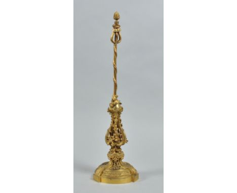 A late 19/early 20c ormolu lamp stand formed by three lyres supporting an orb which in turn supports a rope twist column, on 
