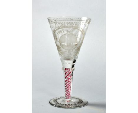 A 19c Dutch commemorative glass with ruby and clear glass twist stem, the bowl engraved 'De Hoop', 10.5"h. 