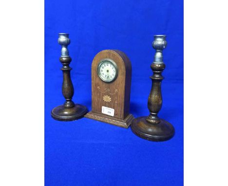 EDWARDIAN MANTEL CLOCK,pair of wooden candlesticks and two table lamps