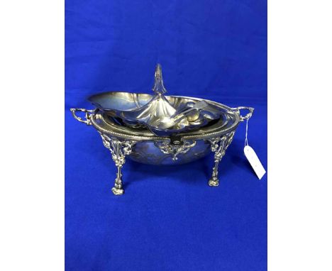 VICTORIAN SILVER PLATED SERVING DISHwith hinged domed cover, engraved with scrolling decoration; together with Walker & Hall 