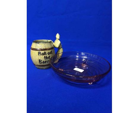 ONE CZECH GLASS POWDER BLUE PERFUME BEDROOM SETalong with art deco glass bowl; and one wade barrell character jug